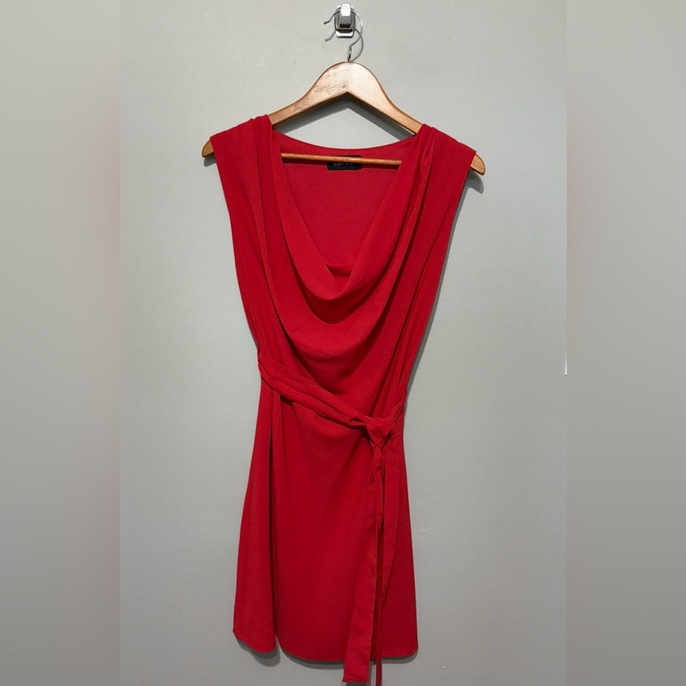 Fab’rik Sleeveless Red Sheath Midi Dress with Cowl Neck & Belt EUC Large